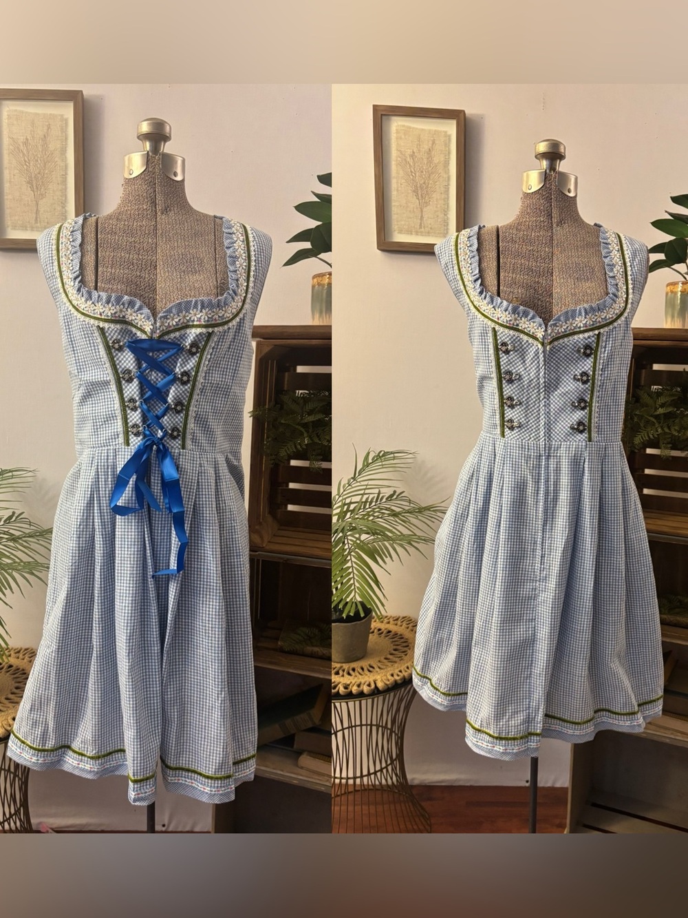 Blue Gingham Glory Star Oktoberfest Dirndle Style Dress XL Costume Corset